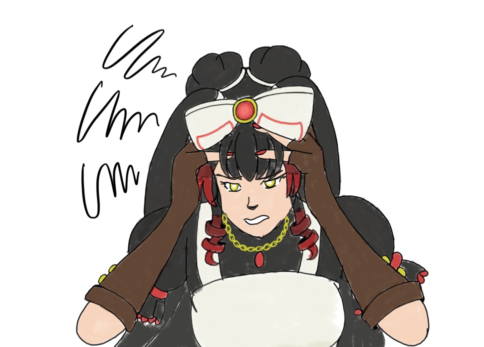 Image Description: A close-up sketch of Multiplicia's redesign; she looks frustrated and like she's overthinking something, clutching her head. Her redesign changed her bow to be a bow and headband. The bow has a glowing red line on each side and has a circular power light glowing red in the middle.