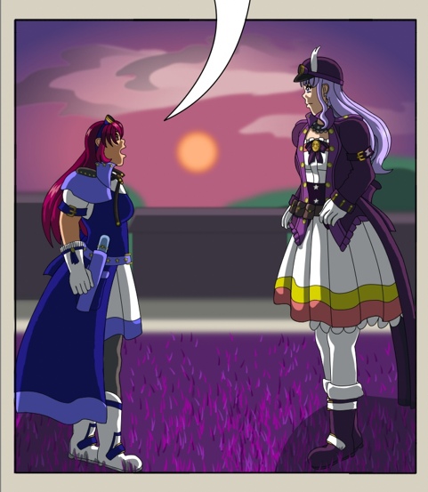 Image Description: A panel from episode 24; Renegade Liberty and Renegade Eminence Danger stand in front of a sunrise facing each other before they walk away from each other