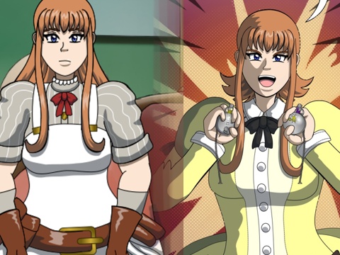 Side by side comparisons of Christina. To the left is Christina how she appeared in the second timeline and before she joined the League in the third. She had longer hair and wore dresses that were simpler and with more steampunk elements. To the right is how she appeared after she joined the League. Her hair is short in the back and she wears fancier gowns