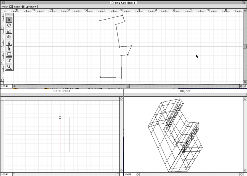Infini-D 3.0 screenshot that shows 3 windows. The first window taking up the top half of the screen is labeled Cross Section 1, and has the vertices of a path arranged as the profile of an arcade cabinet. Below it and to the bottom left is the Path Front window which adjusts the depth of the object. To the right of it, and the bottom right of the screen is the Object window which shows a wireframe model of the cabinet.