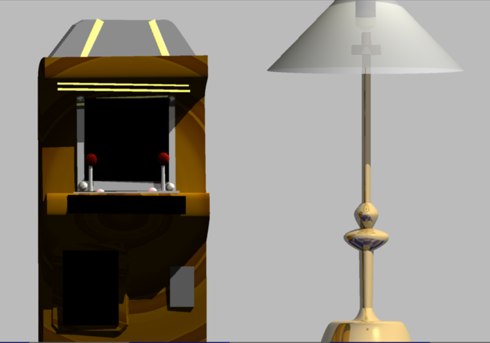 A wood and metal arcade cabinet from the front view with a tall brass lamp to the right of it.