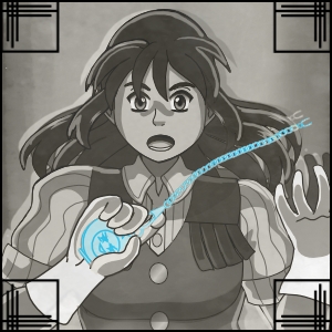 Image Description: Preview of chapter 3; it shows Susana holding a magic pocketwatch while it reacts