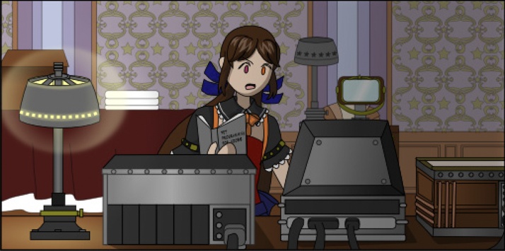 Image description: A panel from the previous version that was not adapted into the episode. It shows Katt in an Art Deco-style hotel room operating a steampunk-style computer at a desk.