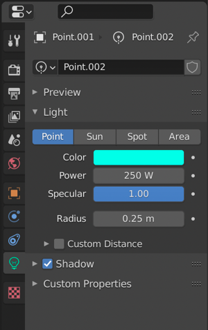 Screenshot from Blender that shows the settings that were used for the cyan lights