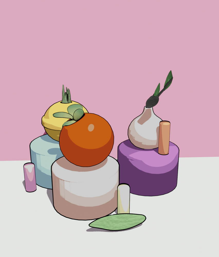 Image description: A flat-shaded 3D render with line art. The composition is an arrangement of three round vases on cylindrical platforms, on a white floor against a pink wall. Each of the vases have small plants in them. The left vase is circular and yellow on a light blue platform, the middle is circular and orange on a beige platform and the vase on the right is beige, and has a rounded base with a neck at the top, and is on a purple platform. There are also 3 small cylinders by or on the platforms in different colors.