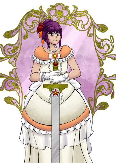 A watercolor-style portrait of Princess Aliverti. She is wearing a circa mid-1880's style ballgown with gauntlets, and carries a greatsword in her hands. Her sword has a gold hilt and near the hilt it has a silver, red and orange gem-encrusted box rose insignia which is associated with her family.
