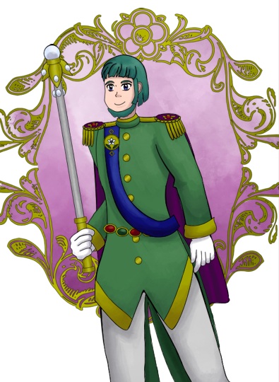 A watercolor-style portrait of Prince Carraway. He is wearing formal attire that is based off of the Royal Military Police uniforms with a royal blue sash that bears a golden insignia of his family. In one of his hands he holds a wand styled after the staves that the king and queen wield.