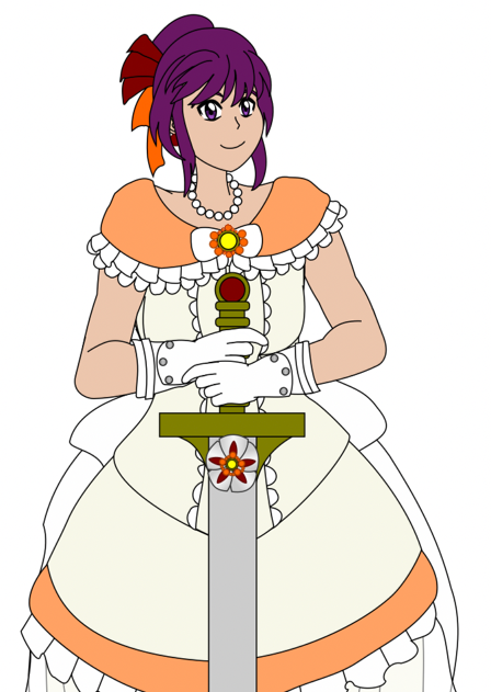 Preview of a new character; an athletic woman with dark magenta hair and purple eyes. Her hair is tied in a bun with an orange bow. She is wearing a cream gown with orange trim, a white bow, frills and bustle. She is wearing white gauntlets and stands confidently holding a greatsword that has a golden hilt, and the base of the blade is decorated with a box rose
