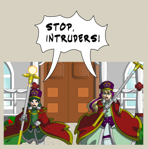 Image description: A panel showing the king and queen in their combat outfits, wielding their magic staves. This is from episode 23