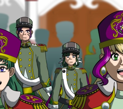 A group of people in military uniforms stand behind the king and queen. Most of them appear only as silhouettes. Two of the uniformed soldiers appear in clear view. On the left is a tall man with a stern expression, purple eyes, short purple hair with sideburns, and has a scar on the left side of his face. Next to him is a woman who is shorter than him but still quite tall. She has dark green hair in a ponytail, that is tied with a large white ribbon with a flower-like shape to it. She has blue eyes and a stern expression. Their uniforms are grayish-green with white sashes, gold buttons and trim, epaulettes that are gold and purple, and wear hats that are green with gray trim.