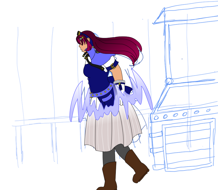 WIP of a panel showing Renegade Liberty walking in a building from the side view. She started to revert back to her normal form; her outfit on the lower half of her body is her normal outfit. A blue burst of magic surrounds her, moving upwards and reverting her back to her normal form