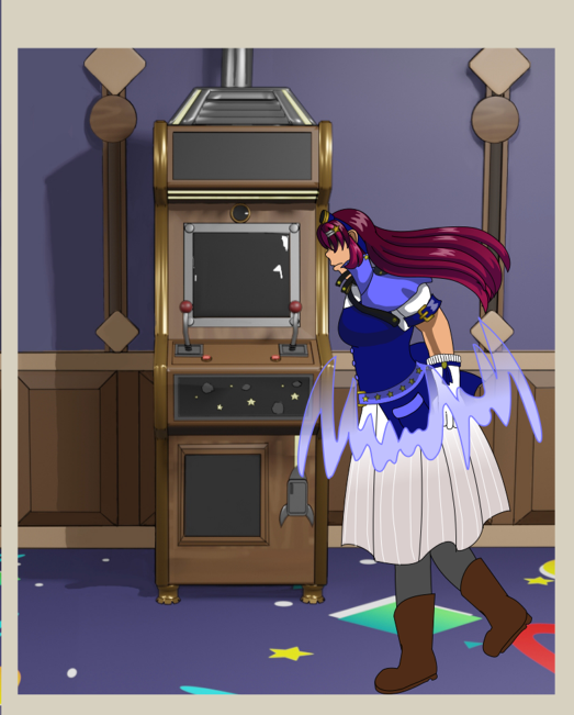 WIP of a panel showing Renegade Liberty walking in a building from the side view. She started to revert back to her normal form; her outfit on the lower half of her body is her normal outfit. A blue burst of magic surrounds her, moving upwards and reverting her back to her normal form. In the background is a blue wall with tall wooden baseboard, and an arcade machine with a wooden cabinet and brass trim. The walls have some geometric decorations.