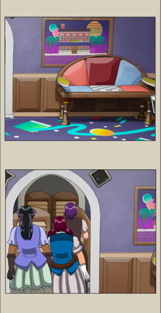 Two panels placed vertically. The first panel is of a living room and shows a couch against the wall. A framed painting of the headquarters hangs above the couch. On the bottom panel, Felicity, Susana and Avogadro walk through a doorway in the same room. A small glimpse of the couch can be seen at the right edge of the panel.