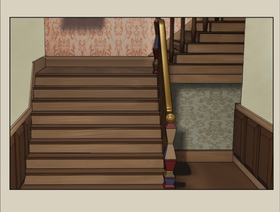 A 3D render of a staircase at the end of a hallway