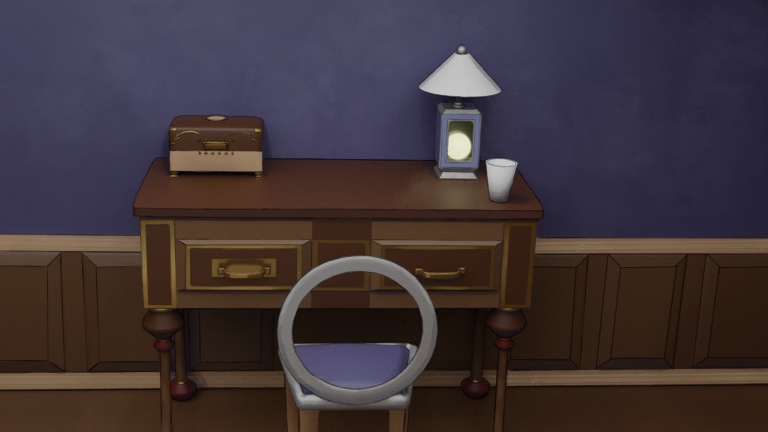 A render of a wooden desk with brass trim and handles. A two-toned wooden jewelry box with brass decorations sits on the left side on the desk. To the right are a lamp and an empty cup. The interior of the lamp is glowing and bears some resemblance to an oil-burning lamp. The chair at the front of the desk has a circular back.