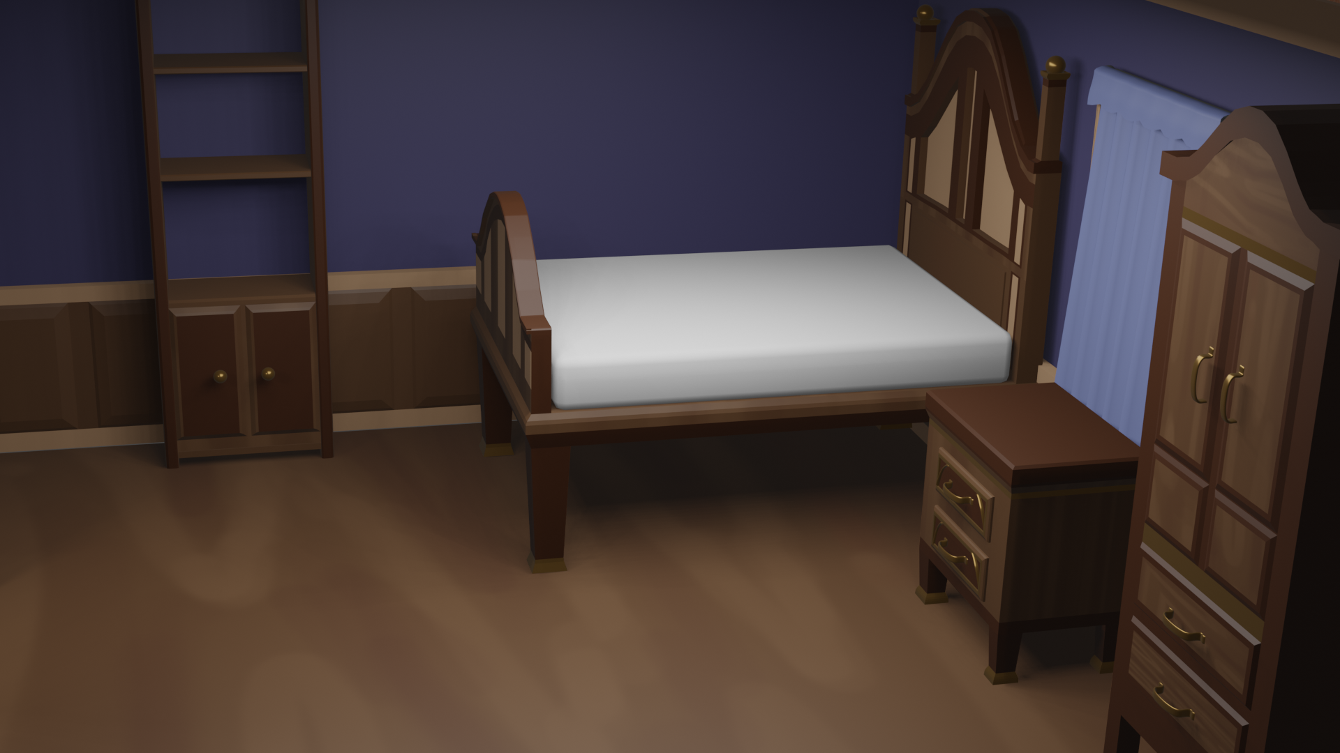 3D render of a barebones room at an isometric angle that shows a bed and bookshelf against the wall in the background while a nightstand next to the bed, and an armoire next to the nightstand are closer to the camera