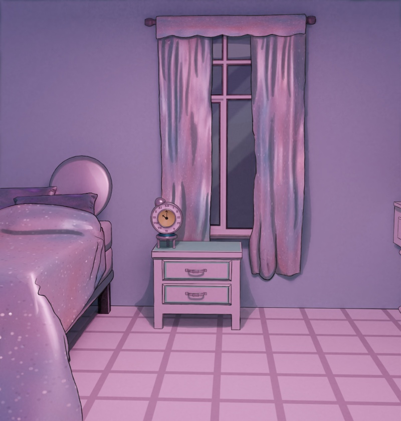 Image description: The front view of a hotel room. The lighting gives everything a pink tint. The walls are light blue and the floor is white with a gray grid pattern. A bed is to the left and has a minimalist bed frame that holds up a pair of mattresses. Two rectangular metallic pillows and a round metallic pillow rest against the wall. The blanket covers most of the bed and is a shimmering silver and blue with sparkles. The window is in the middle and is partially covered by curtains that match the blanket. In front of the window is a simple white wooden nightstand with light green accents. A round metallic alarm clock sits on top of the night stand. A glimpse of a desk can be seen to the right