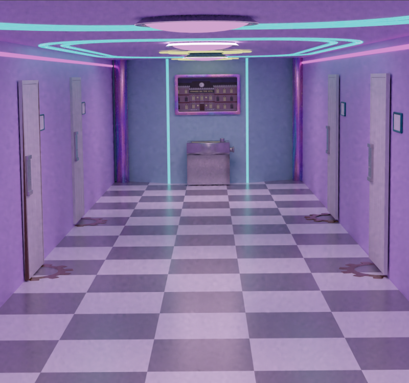 Image description: A render of a hallway. At the end of the hallway is a metal drinking fountain surrounded by columns of neon blue lights along a light blue wall. Above the drinking fountain is a framed photo of the hotel. The middle portion of the wall at the end of the hallway is extended out from the rest of the wall, giving it a sloped angle. At the edges of the walls are metallic pink columns. On each side are white wooden doors with badge readers on them instead of door knobs. Beside them are door number plates that are framed with teal metal. Neon pink lights run along the top of the walls with the doors. Light blue neon lights frame the ceiling in a round rectangular shape, with round pink lights in between them. The ceiling and the side walls are light purple. The hint of a yellow neon light in a gear shape can be seen on the ceiling. The lights, doors and fountain are reflected on the gray and white checkerboard floor. Brass gear markings are on the floor of each of the doors.