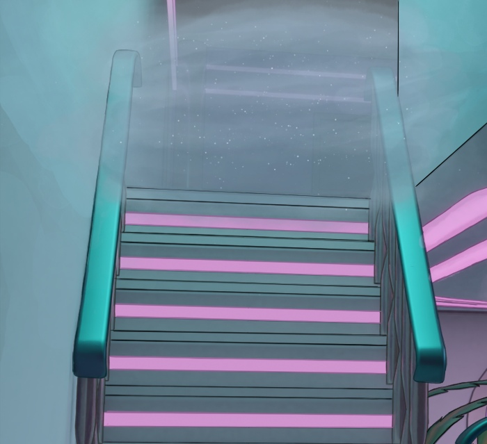 Image description: A close-up of the top of a staircase which is light blue with neon pink lighting under each step. The walls are light blue. The top of the stairs is covered by a thick magic fog obscuring the room behind it.