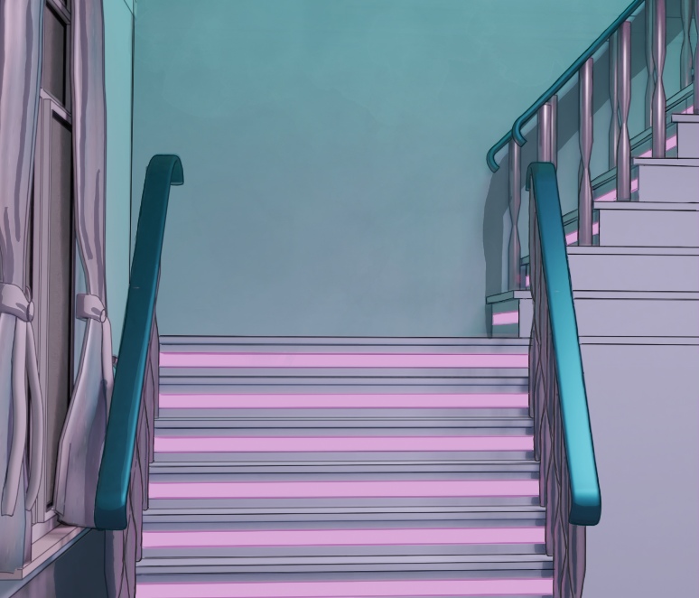 The front view of a staircase. The second half of it is 90 degrees clockwise from the bottom half. The stairs are a light blue that match the surrounding walls. They have silver metal rail posts, with a smooth metallic teal rail bars on the top, and the underside of each of the steps has pink lighting. The room is illuminated with pink lighting.