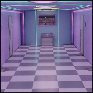 Image description: Part of a hallway in a hotel, in a vaporwave-inspired style