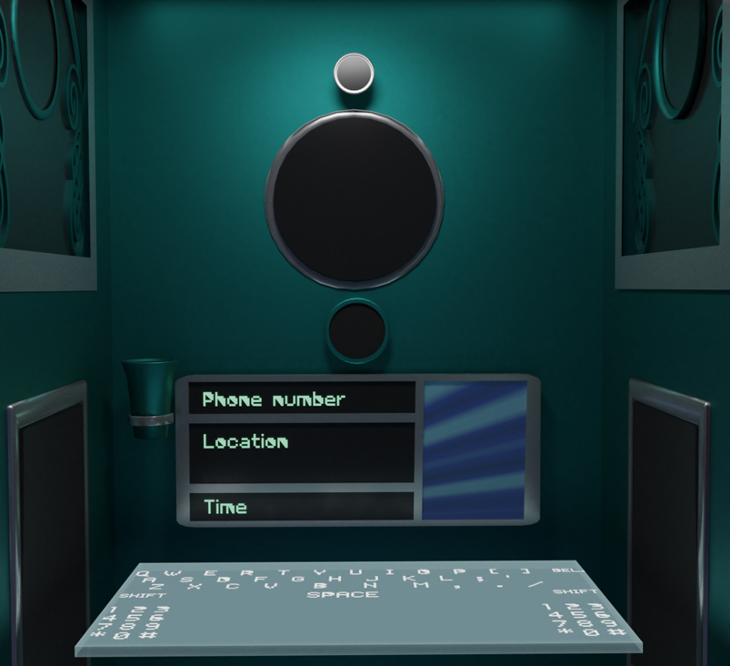 Image description: An interior shot of the phone booth that shows the door at the back. Near the bottom is a glimpse of a holographic keyboard interface.
