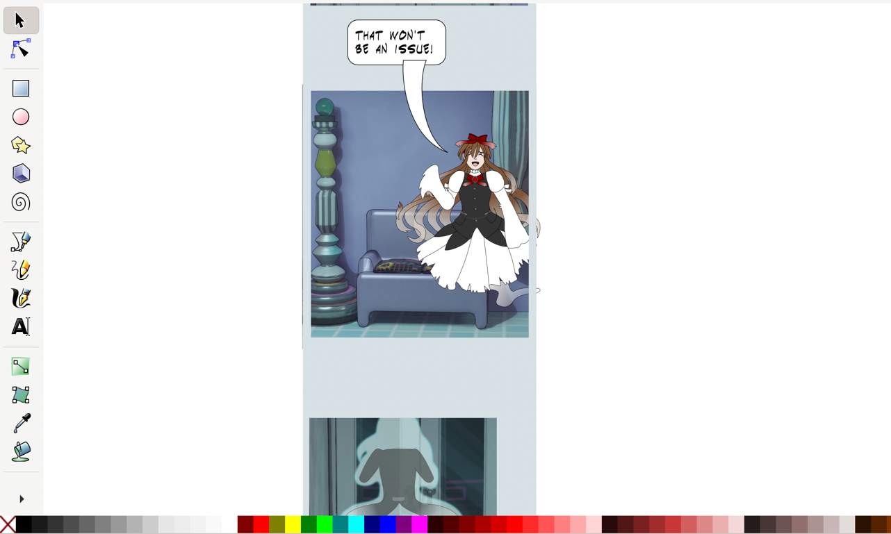 Image description: A screenshot in Inkscape that shows part of a webtoon episode. The second character was vectored in this panel, showing a woman with long brown hair that fades to a translucent gray, she has a ghostly tail instead of legs, and wears a white dress with a black vest and red bows. She said 'That won't be an issue!' and waves.