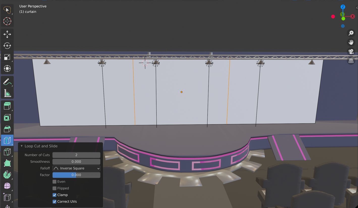 A Blender screenshot showing a stage curtain being modeled. A rectangular plane is set on the stage to the height and width that are needed. The Loop Cut and Slide tool divides the plane into 3 equal-sized sections