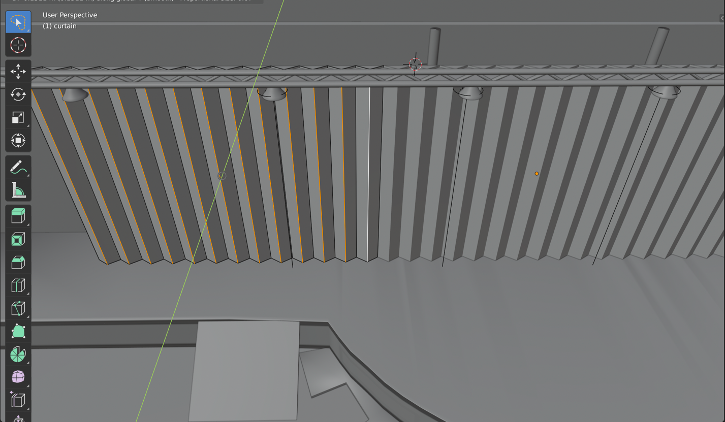 A Blender screenshot showing a stage curtain being modeled. Every other edge is being moved outwards to give the curtain pleats