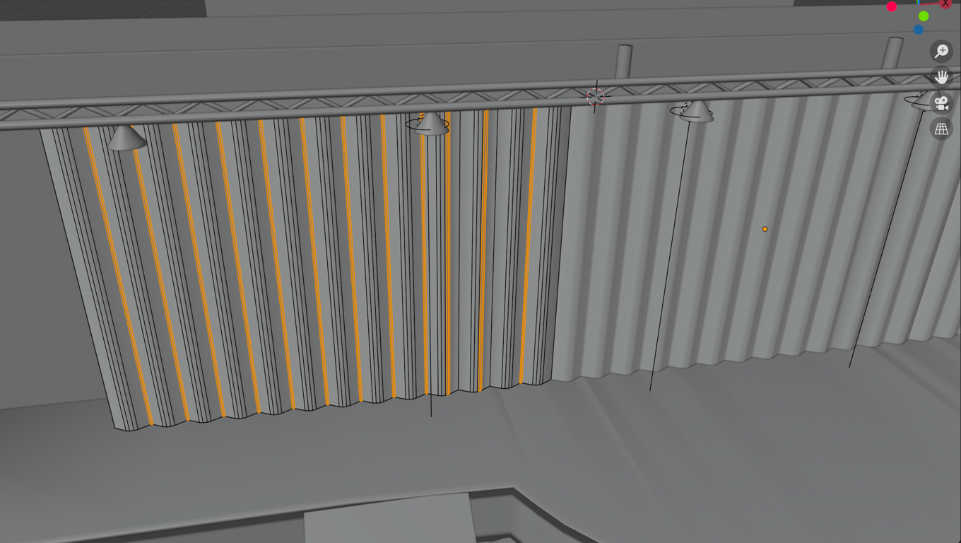 A Blender screenshot showing a stage curtain being modeled. The edges that were pushed outwards are beveled to smooth them out
