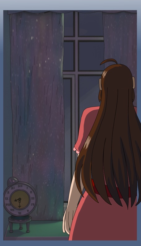 Image description: A webtoon panel showing a character looking out of the window from the back view. The curtains are partially open and the alarm clock can be seen on the night stand.