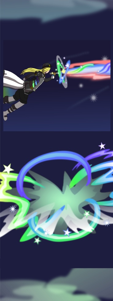 Image description: A section of a webtoon showing a few panels. The first shows a character firing a blast from a magical ray gun. The second panel shows the explosion it created, and at the bottom of the section is a cloud background that leads into the next panels.