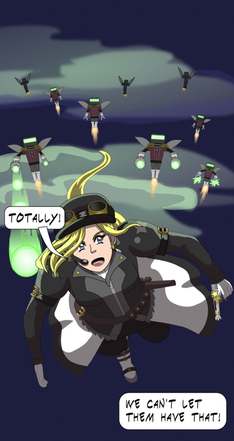 Image description: Part of a webtoon panel. It shows Renegade Midnight Conductor in the foreground and flying towards the camera. Behind her in the midground and background are several flying robots. They are flying in a night sky with clouds illuminated by green light.