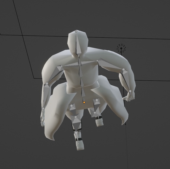 Image description: A 3D model in Blender. The model is a simple mannequin with boots and a skirt added to it. The model was posed to look like it's flying and the camera angle shows it flying towards the camera. The bones of the model are visible.