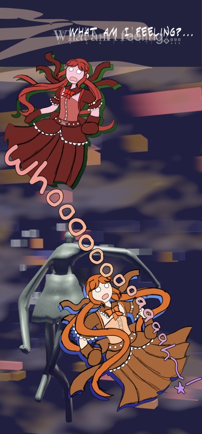 Image description: Part of a webtoon episode. It shows two spaced out shots of a character in a distorted, psychedelic cartoony style as her hair and hair ribbons swirl into different shapes. At the top of the episode is a line that reads “What am I feeling?” Behind these shots is a blue background with orange clouds, 3D horizontal blocks of color and a distorted humanoid figure