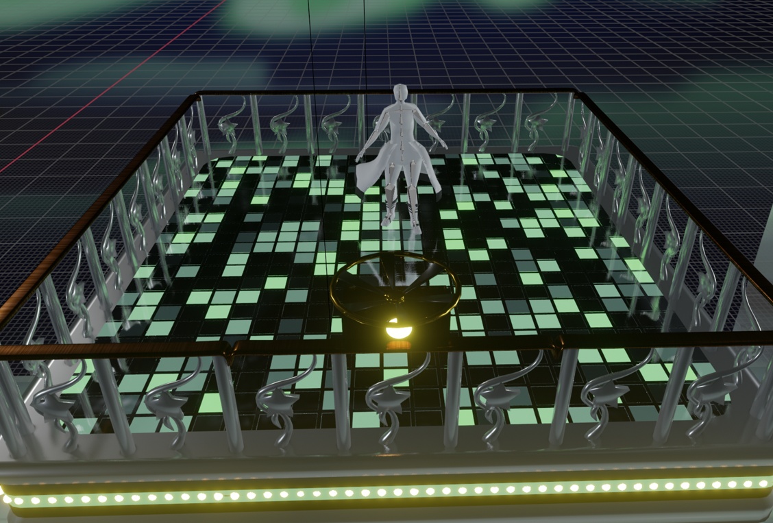Image Description: A Blender screenshot that shows a simple model of a character who is standing on a platform that has light-up tiles. The tiles that are lit up are glowing green, and they are on or off in a random pattern.