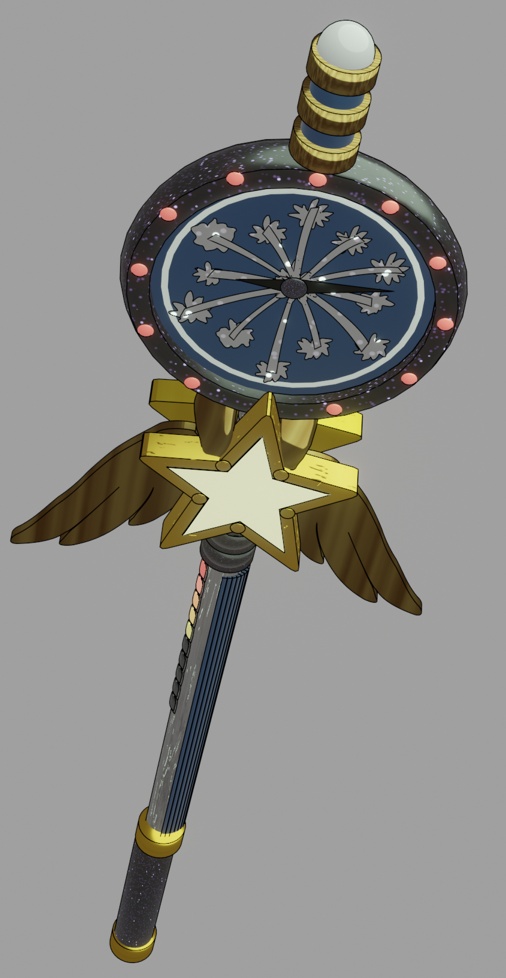 A 3D render of a steampunk-style magic wand with a clock on it
