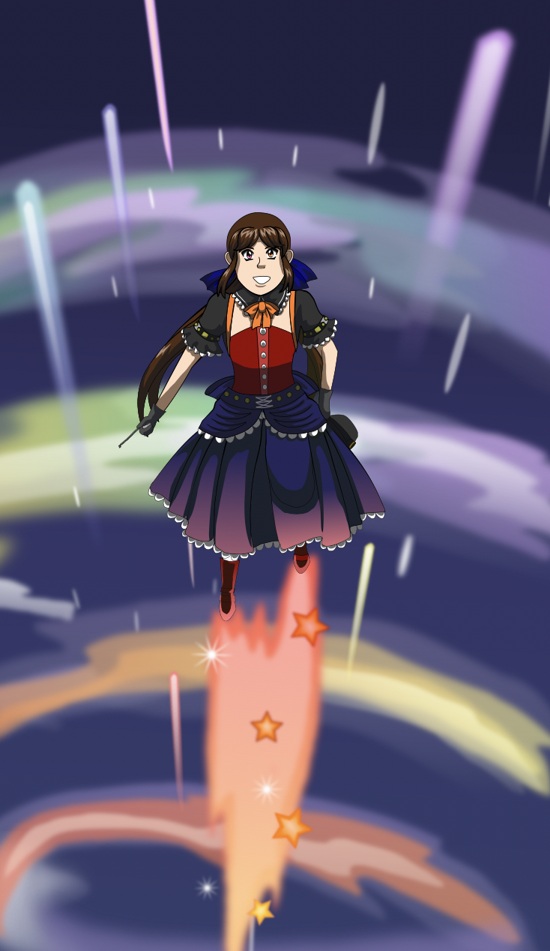Part of a webtoon episode. Katt looks excited as she flies towards the camera and is flying through a tunnel of rainbow clouds