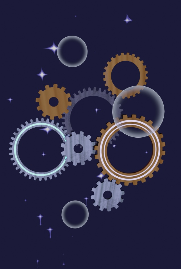 A 3D render of a collection of gears and some translucent glowing bubbles against a dark blue starry background. Two of the gears have lights along the rims