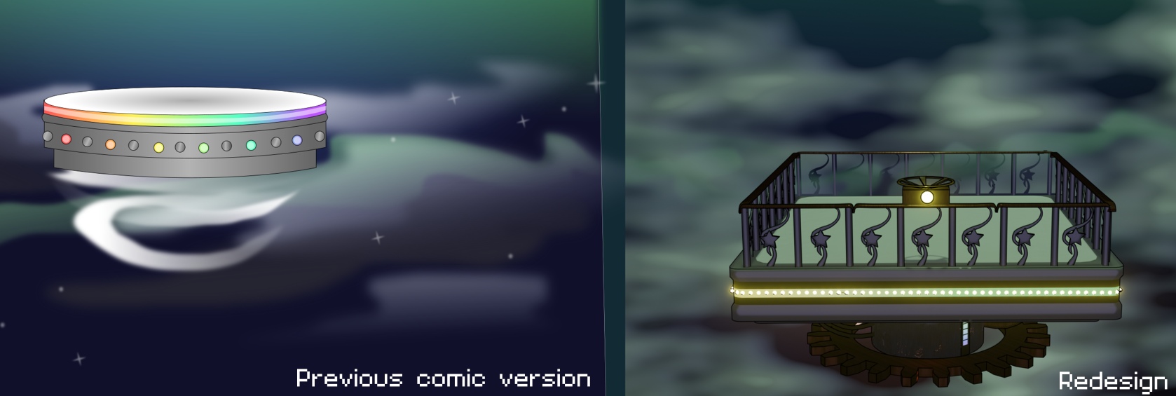 Image description: A side by side comparison of a floating platform that has colorful lights on it. To the left is the design from the previous comic version which is a simple round platform. To the right is the updated design for the webtoon; a more complex steampunk design with pipes, visible gears, rails and more lights.