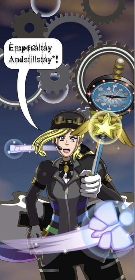Part of a webtoon episode. Renegade Midnight Conductor stands against a blue and orange sunset background with faintly glowing magical gears behind her. She is holding a steampunk-style wand in her left hand and the wand has a clock on it. Her wand is pointed at the camera and she has a determined expression as she recites the name of her spell in Pig Latin 'Emporaltay Andstillstay!