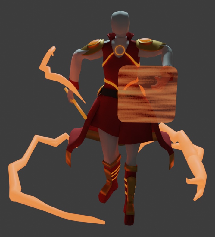 A simple 3D model in an action pose. In one hand it holds a glowing weapon and the other a glowing energy shield. The model is wearing a cyberpunk-inspired uniform that is red and white with glowing orange pieces on it, and pieces of golden armor