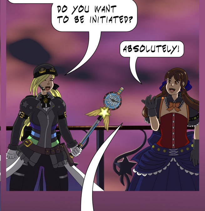 A panel from a webtoon. Renegade Midnight Conductor and Katt stand against a sunset while they talk. Midnight Conductor said '...Do you want to be initiated?' And Katt said 'Absolutely!'