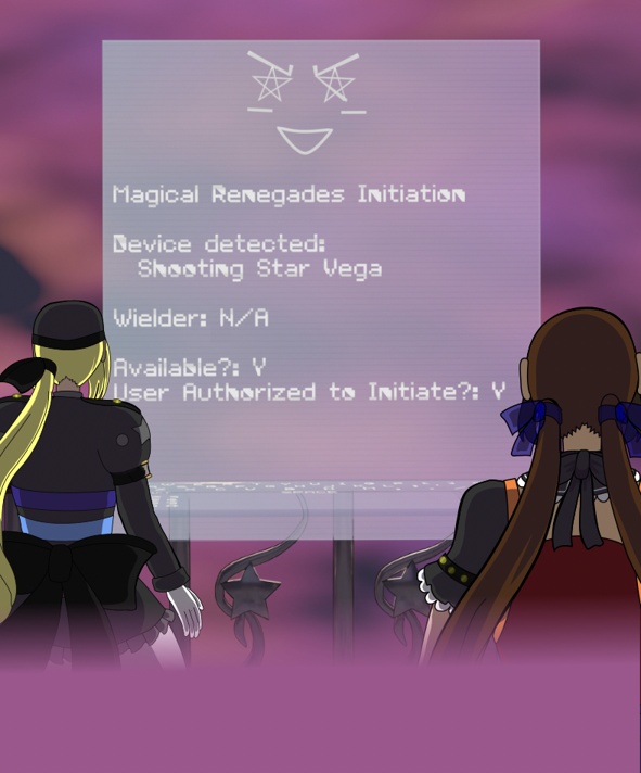 Image Description: Part of a webtoon episode. Renegade Midnight Conductor and Katt are looking at a holographic screen in front of them. The characters are facing away from the camera and the screen is facing it. The screen is a holographic blue and purple with white text.
