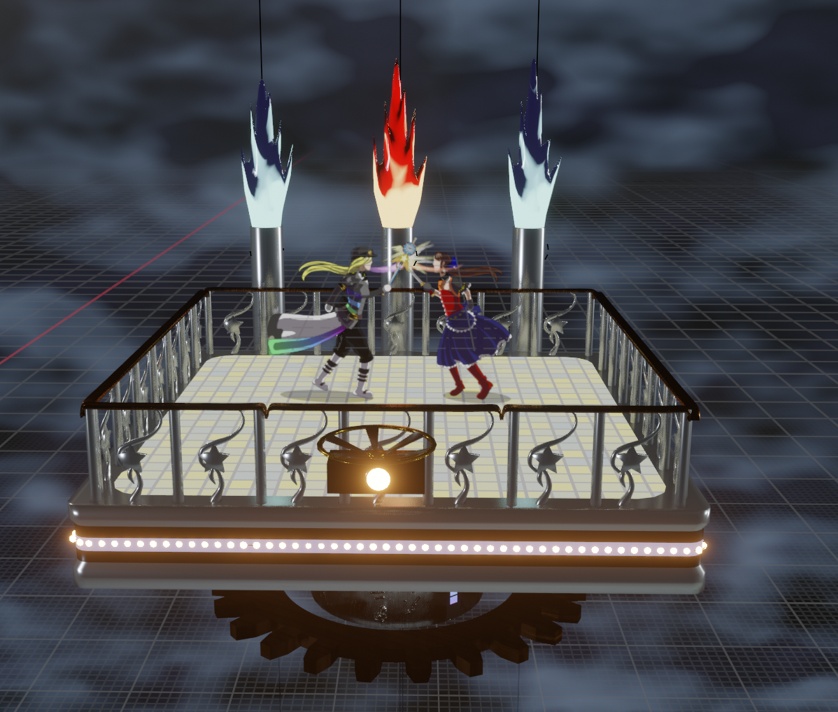 A screenshot of Blender in the Material Preview viewport. Renegade Midnight Conductor and Katt are in the side view facing each other as their weapons make contact with each other. Behind them, three metal pipes appeared behind the platform they're on, shooting blue and orange flames upwards.
