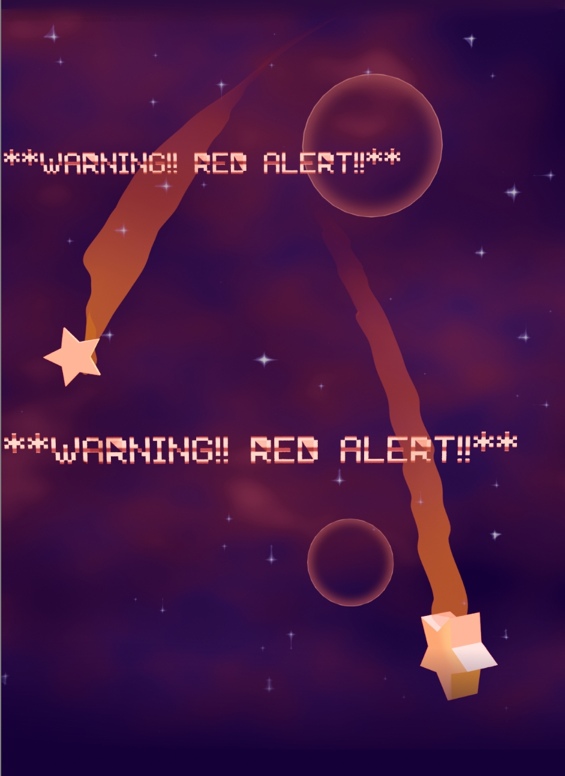 Image description: Part of a webtoon episode. A purple background with red and purple clouds and a few red glowing bubbles. A pair of shooting stars with red and orange trails are in the foreground, trailing down the panel. There is also holographic red text in front of them that reads '**WARNING!! RED ALERT!!**'