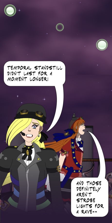 Image description: Part of a remake of the same scene from the new webtoon version; The above panel shows some green lights shining through a pink fog. In the bottom panel, Midnight and Red Alert look worried. Midnight says 'Temporal Standstill didn't last for a moment longer!' And Red Alert says 'And those definitely aren't strobe lights for a rave--'