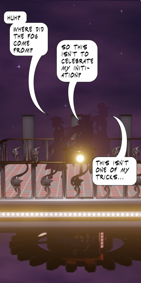 Image description: Part of a remake of the same scene from the new webtoon version; Renegade Knockout Tango is added as a silhouette, and the platform is more elaborate and is 3D modeled with rails, gears and pipes on it. The dialogue on this panel is changed to 'Huh? Where did the fog come from?' By Midnight, 'So this isn't to celebrate my initiation?' By Red Alert And 'This isn't one of my tricks...' By Renegade Knockout Tango