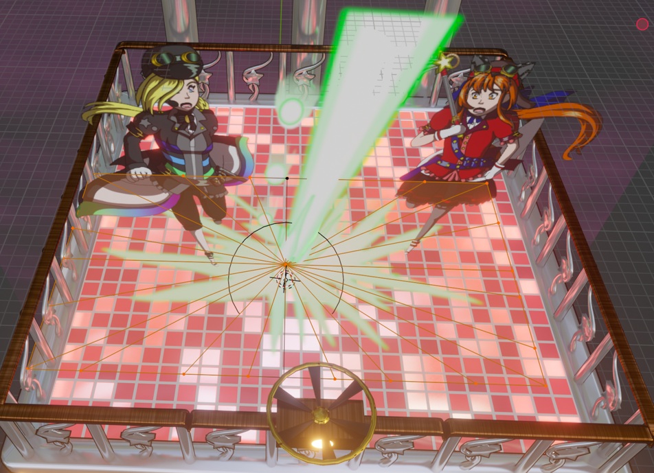 Image description: A screenshot in Blender showing a 3D-modeled steampunk-inspired floating platform with 2D imports of Renegade Midnight Conductor and Renegade Threat Level Red Alert as they dodge green blasts of energy. The 2D images were imported as transparent planes; the impact is an image plane that selected to show how it got divided with the Loop Cut tool