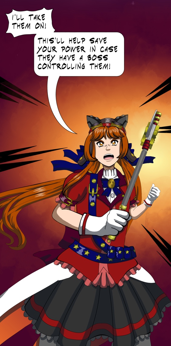 Image description: Part of a webtoon episode. Renegade Threat Level Red Alert stands with a determined expression and her weapon ready to challenge the enemies above! She says “I’ll take them on! This’ll help save your power in case they have a boss controlling them!” 